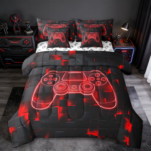jejeloiu Cartoon Gamepard 7-Piece Twin Bedding Sets,Teen Video Gamer Bedding Comforter Set,Red Black Sheet Sets For Boys Kids,Luxury Bedroom Decor Reversible