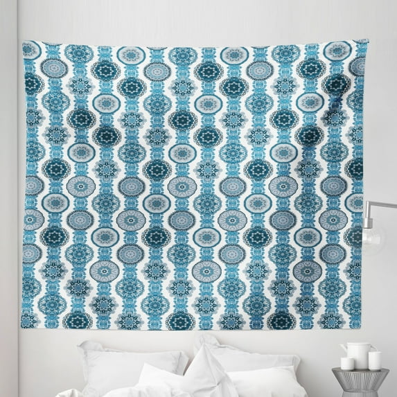 Ethnic Tapestry, Monochrome Design Medallion Shape Oreitnal Motif in Vertical Order, Fabric Wall Hanging Decor for Bedroom Living Room Dorm, 5 Sizes, Sky Blue Petrol Blue, by Ambesonne