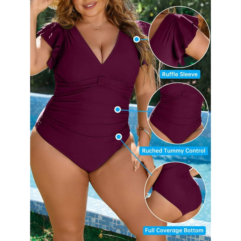 Inadays Plus Size One Piece Bathing Suit for Women Sexy Tummy Control  Swimsuit Flutter Sleeve Swimwear Full Coverage Retro Ruffle Monikini,  Purple, L