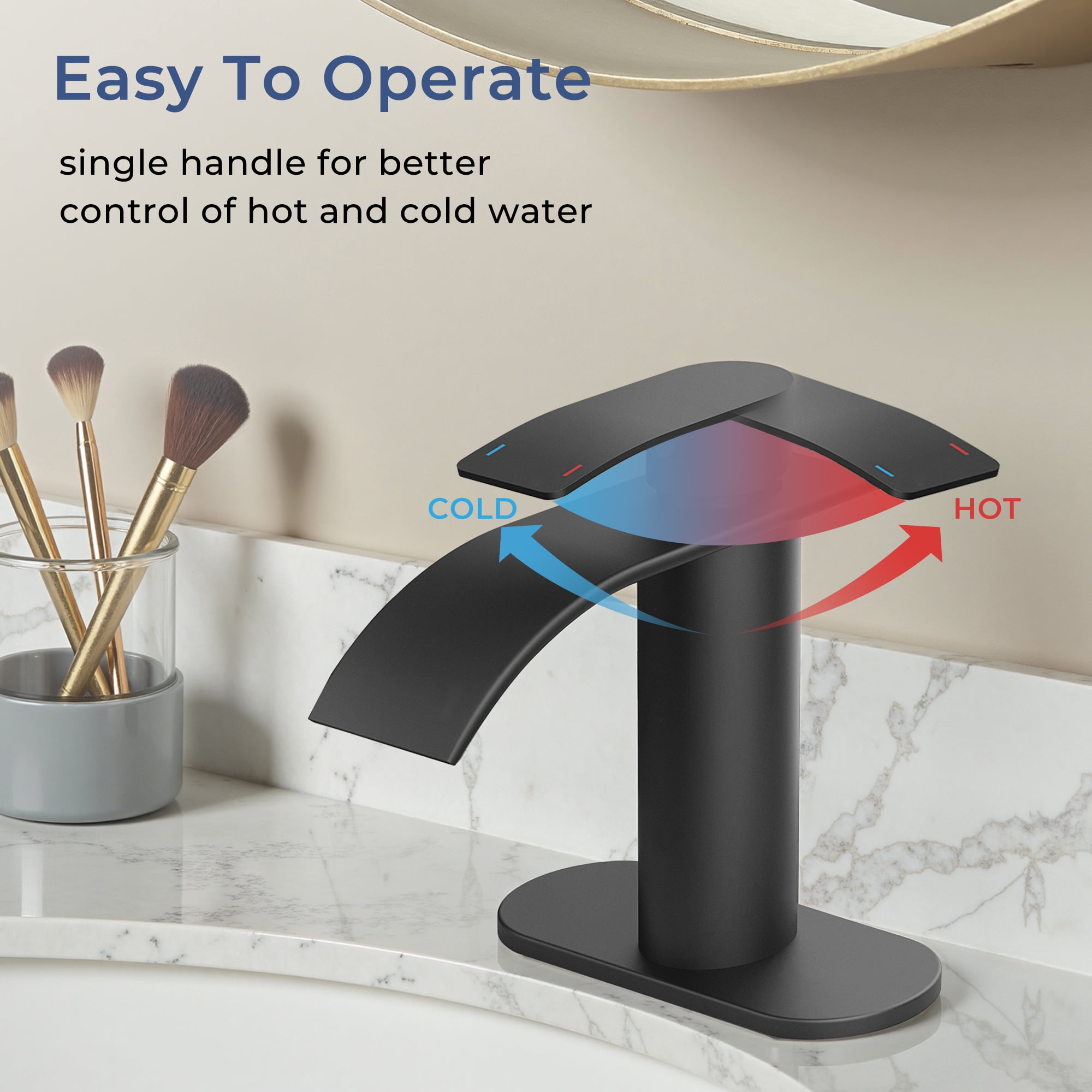 TVOFEK Waterfall Bathroom Faucet 1 or 3 Hole, Black Single Handle Bathroom Sink Faucets with Metal Pop up Drain and Deck Plate for Vanity Basin RV Lavatory
