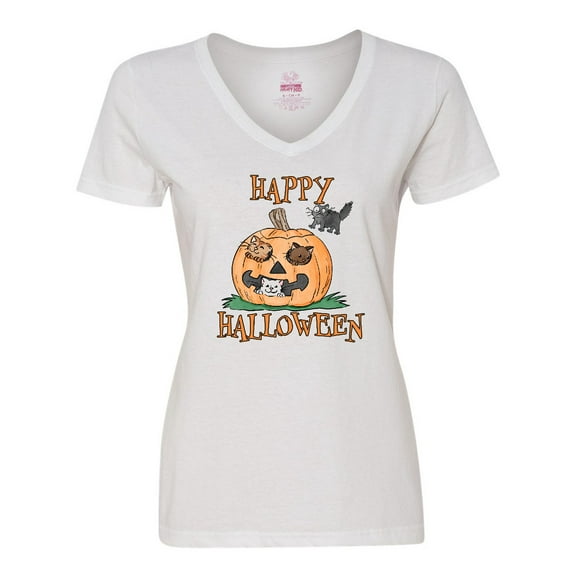 Inktastic Happy Halloween Kittens in a Pumpkin Women's V-Neck T-Shirt