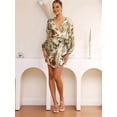 thumbnail image 4 of Female Floral Chiffon Long Sleeve Mini Dress Flowy A-Line Wrap Neck Tie Back Short Dress Green L, 4 of 7