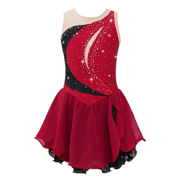 YONGHS Robe de Patinage Artistique Brillante pour Filles Enfants avec Strass, Sans Manches, en Mousseline, Robe de Danse Ballet Bourgogne 16