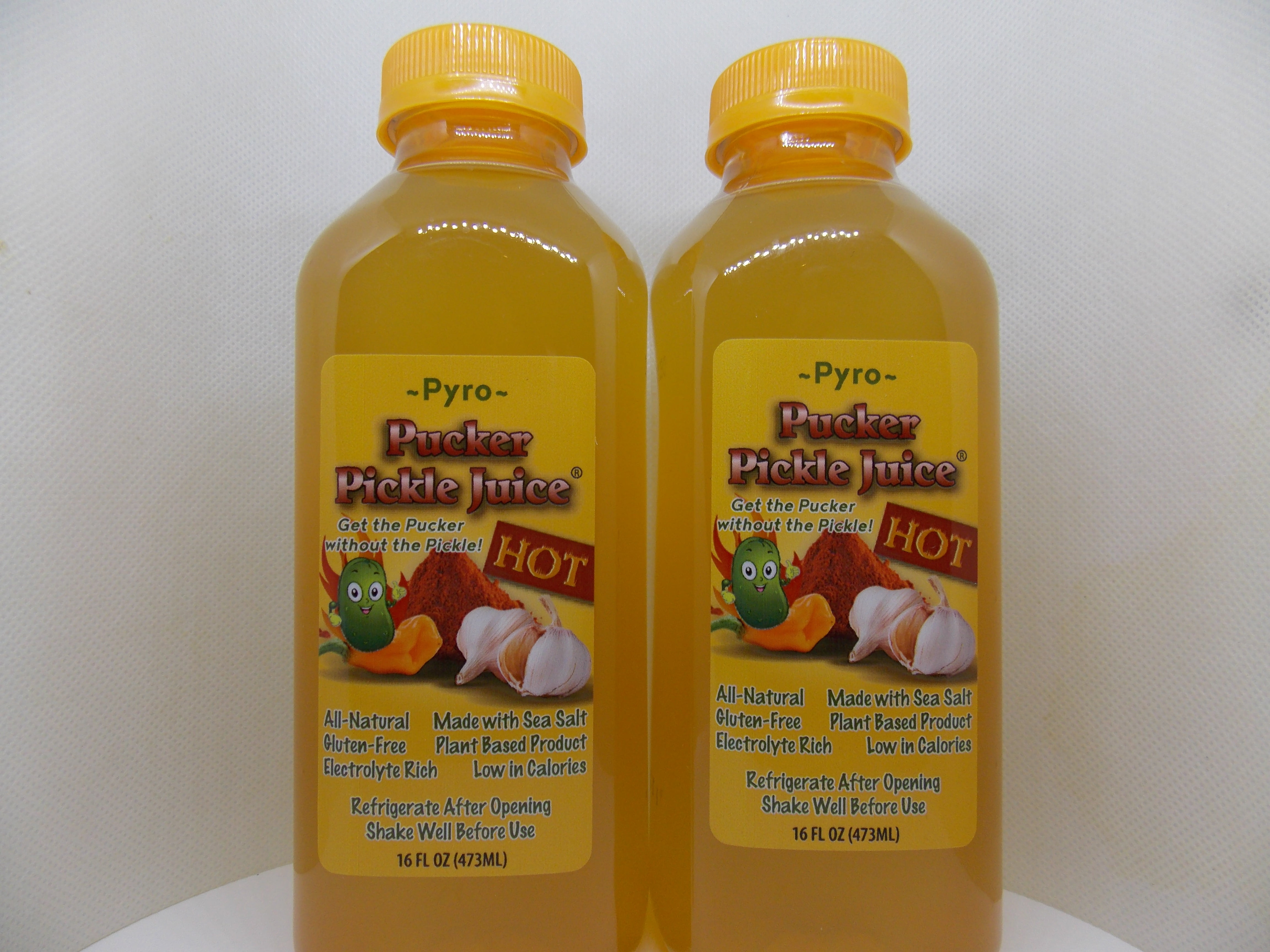 Pucker Pickle Juice Pyro Spicy Hot Flavor 2Pack of 16 ounce Bottles