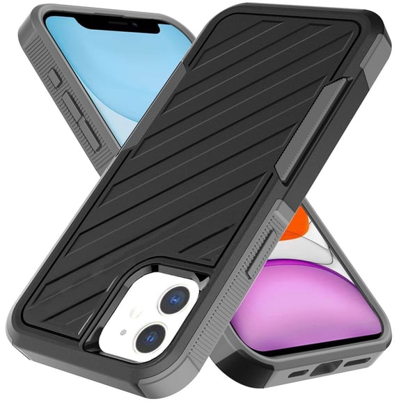 Designed for Apple iPhone 12 / 12 Pro Hybrid lined shockproof dual layer Rugged 2in1 Hard PC & Silicone TPU Non Slip Textured Tough Armor Phone Case Cover [Black]