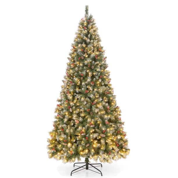 Costway Árbol de Navidad artificial de 270 cm con bisagras, 650 luces LED cálidas y 309 frutos rojos