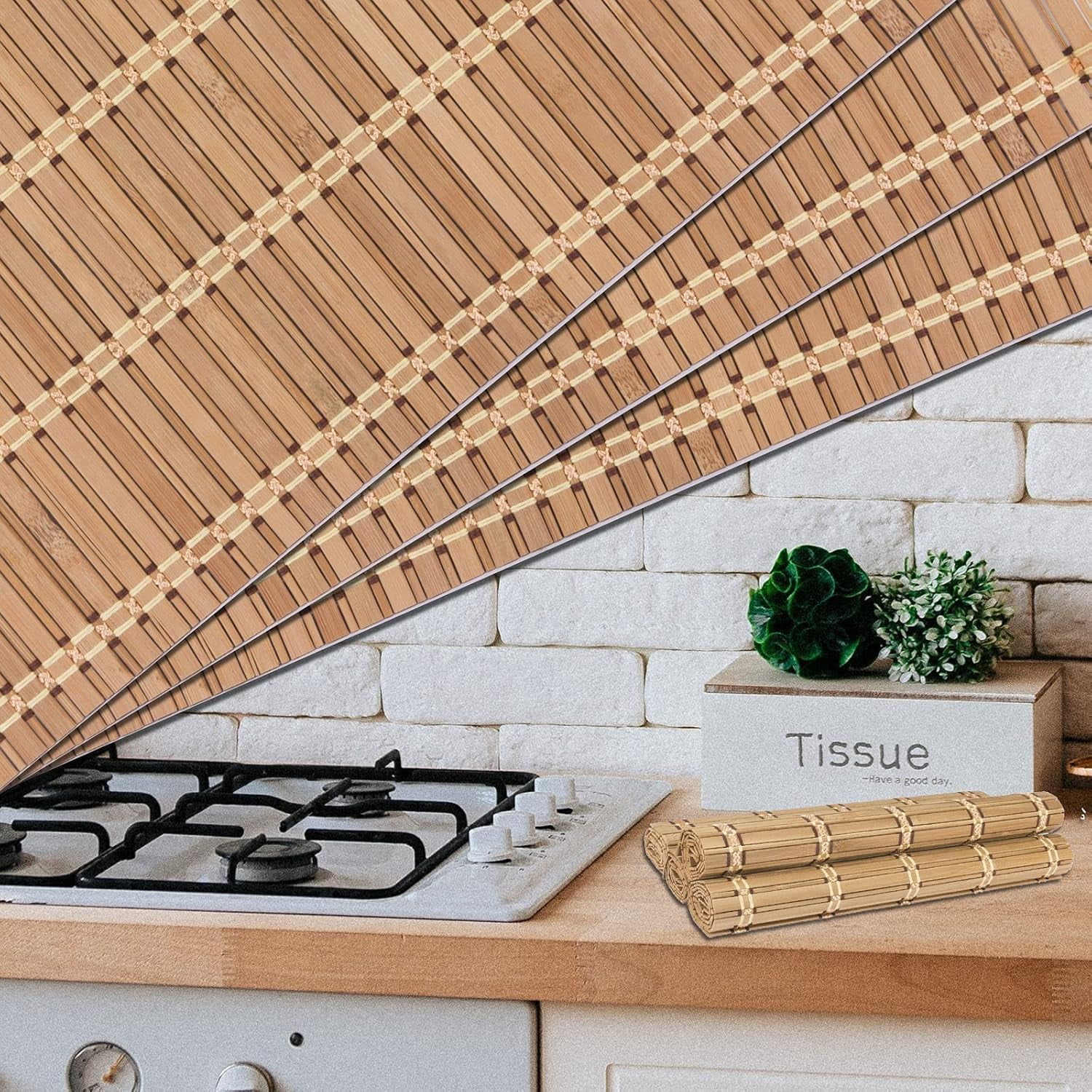 Natural Bamboo Placemat -6 Pack- Set of Wooden Square Placemats, Suitable for Non-Slip and Resistant Bamboo Table Placemats in Restaurants and Kitchen