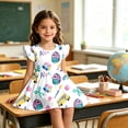 thumbnail image 2 of Bobifish Toddler Girls Ready To School Dress Cartoon Print Flutter Sleeve Dress Party Over Knee Length Children Girls Dress, 2 of 6