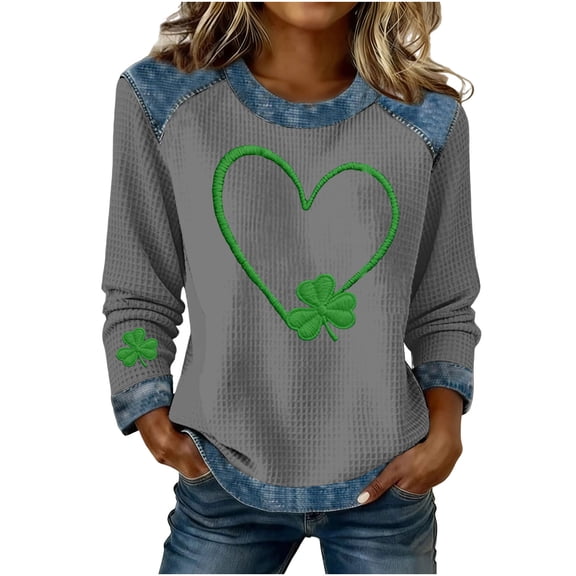 Craaazy Women's Denim Crewneck Loose St Patricks Day Long Sleeve Tops Gifts