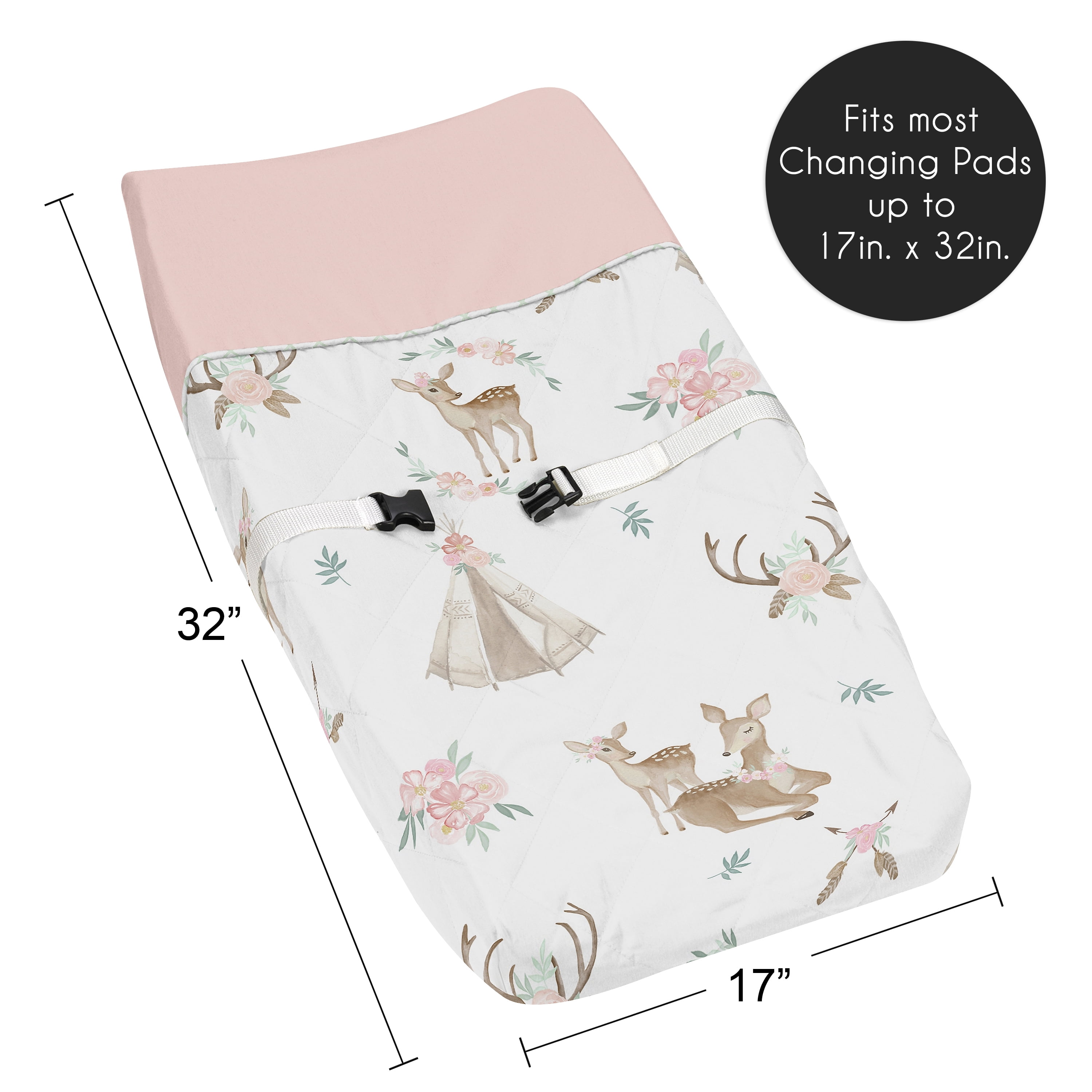 Deer Floral Blush Pink, Mint Green and White Changing Pad Cover by Sweet Jojo Designs