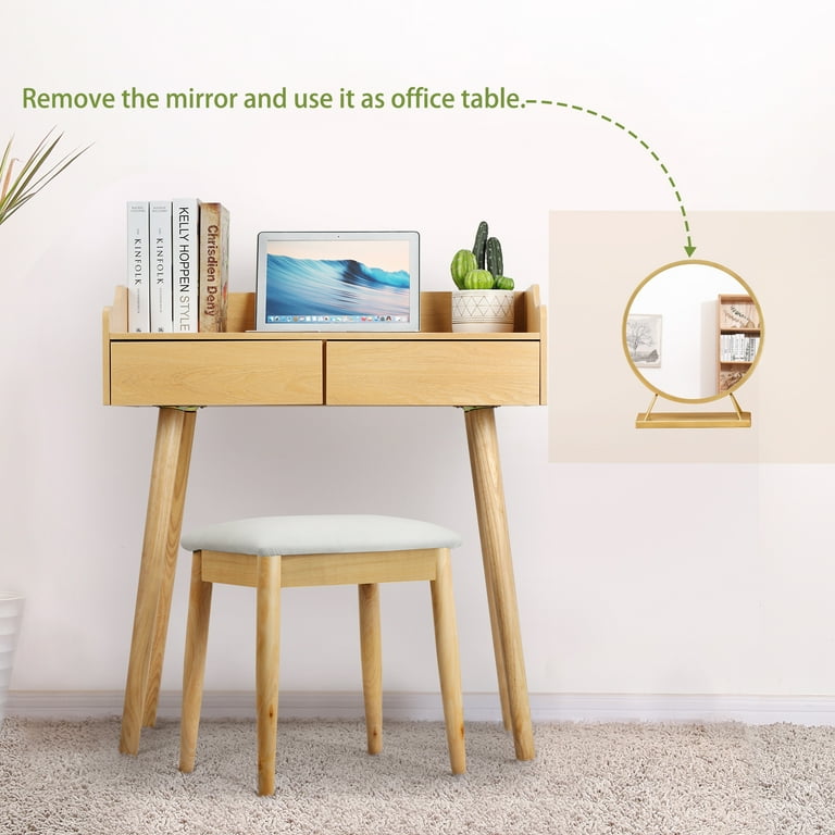 Oumilen Modern Vanity Set with Stool and Round Mirror Light Brown