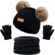 thumbnail image 1 of Conjunto de gorro y bufanda para niños de invierno cálido, negro, tejido térmico, bufanda gruesa y esponjosa de ganchillo, gorro con pompón doble con pelo sintético para niñas, niños y niños pequeños, 1 of 5
