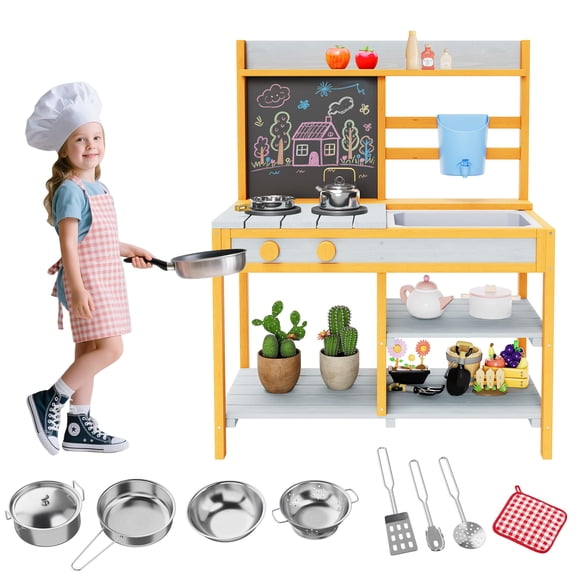 Yeshouse cocina de barro infantil para exterior, incluye utensilios, fregadero, grifo, estufa de madera y estante, ideal para niños y niñas de 3 a 8 años