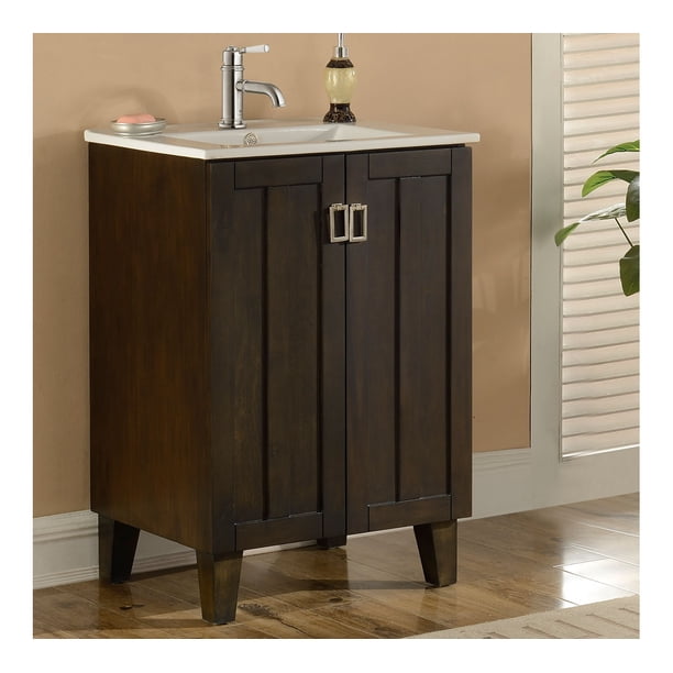 24 Brown Single Sink Bathroom Vanity With Ceramic Sink Top No Faucet Walmart Com Walmart Com