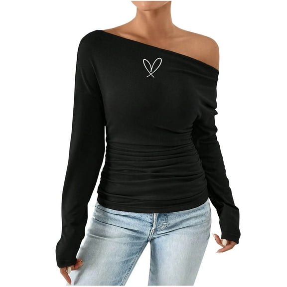 fatyb Women's One Shoulder Tops Casual Long Sleeve Ruched Going out Shirts Trendy Summer Tee Blouses