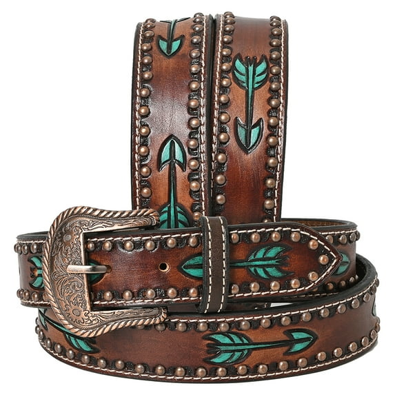 BE BAR H EQUINE Austin Arrow Spotted Hand Painted Western Leather Men And Women Belt Brown