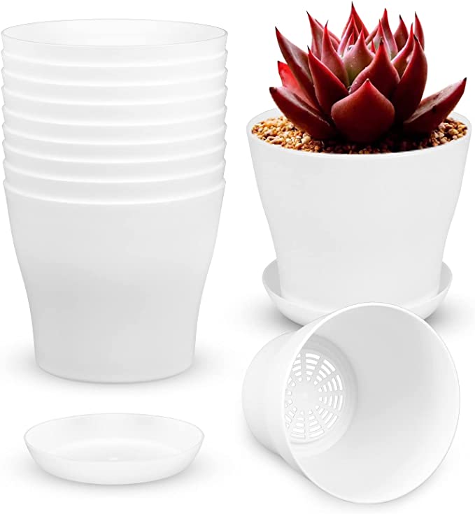 Plants Pots 5.5, Flower Pots with Drainage Holes and Saucers, White