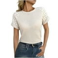 thumbnail image 1 of Camiseta de Cuello Redondo de Color Sólido Casual de la Mujer, Encaje Patchwork Manga Corta Superior para el Uso Diario, 1 of 9