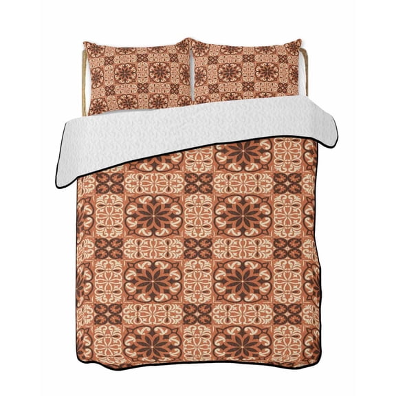 Quilts Queen Size Bedding Set, Orange Brown Flowers Reversible Summer Quilt 3 Pieces, Farmhouse Retro Abstract Floral Lightweight Bedspreads Coverlets with 2 Pillow Shams for All Seasons