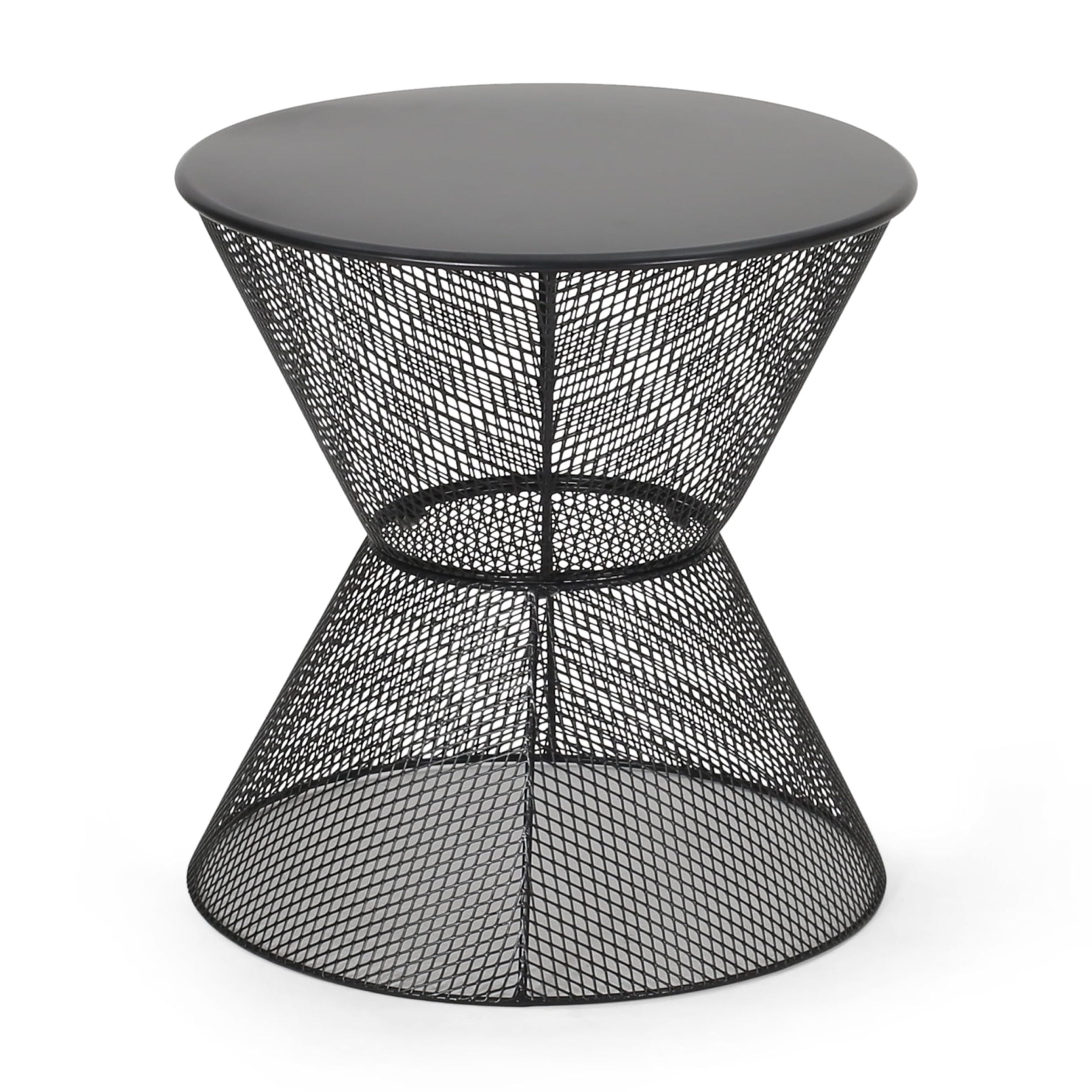 Outdoor Iron Hourglass Side Table, Accent End Table for Patio Garden, Black