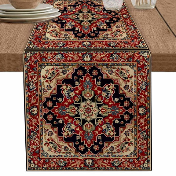 Red Bohemian Flower Table Runner 90 Inches Long for Dining Table Decor,Western Rustic Tribal Medallion Burlap Linen Farmhouse Table Runner Coffee Table Runners Dresser Scarf for Kitchen Party Holiday