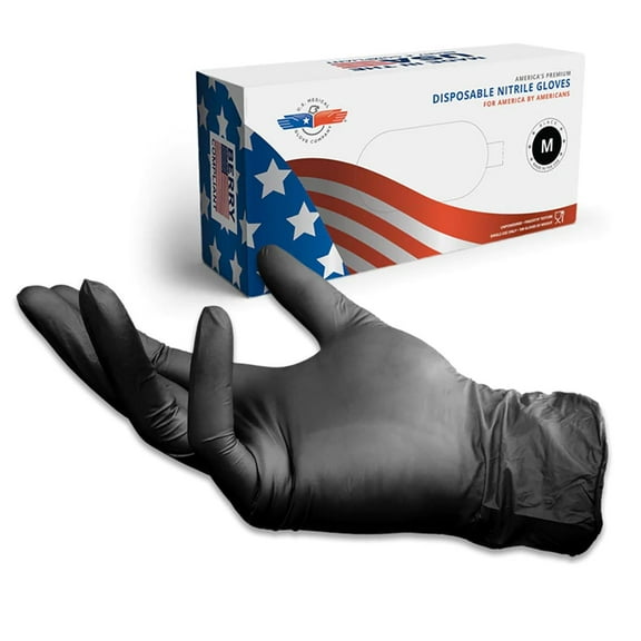 Disposable Nitrile Exam Gloves, USA Made, Black, 6 mil, Medium, 100/Box