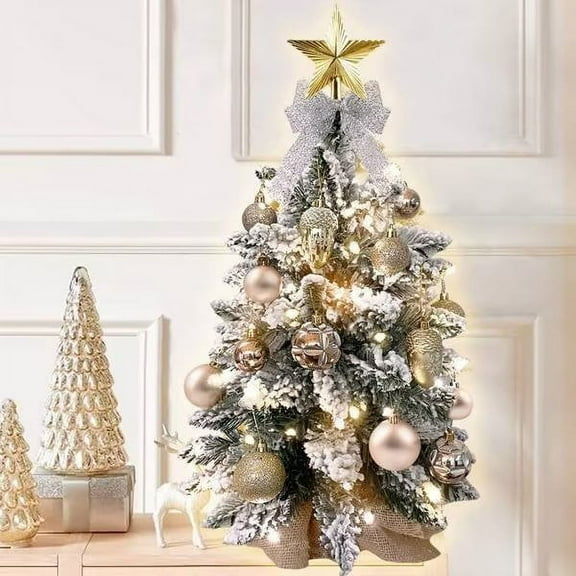 Mini Christmas Tree for Table Top, 2ft Small Blue Tabletop Christmas Tree with Xmas Ornaments, Artificial Flocked Christmas Decorations Indoor for Office Home Bedroom, Gold