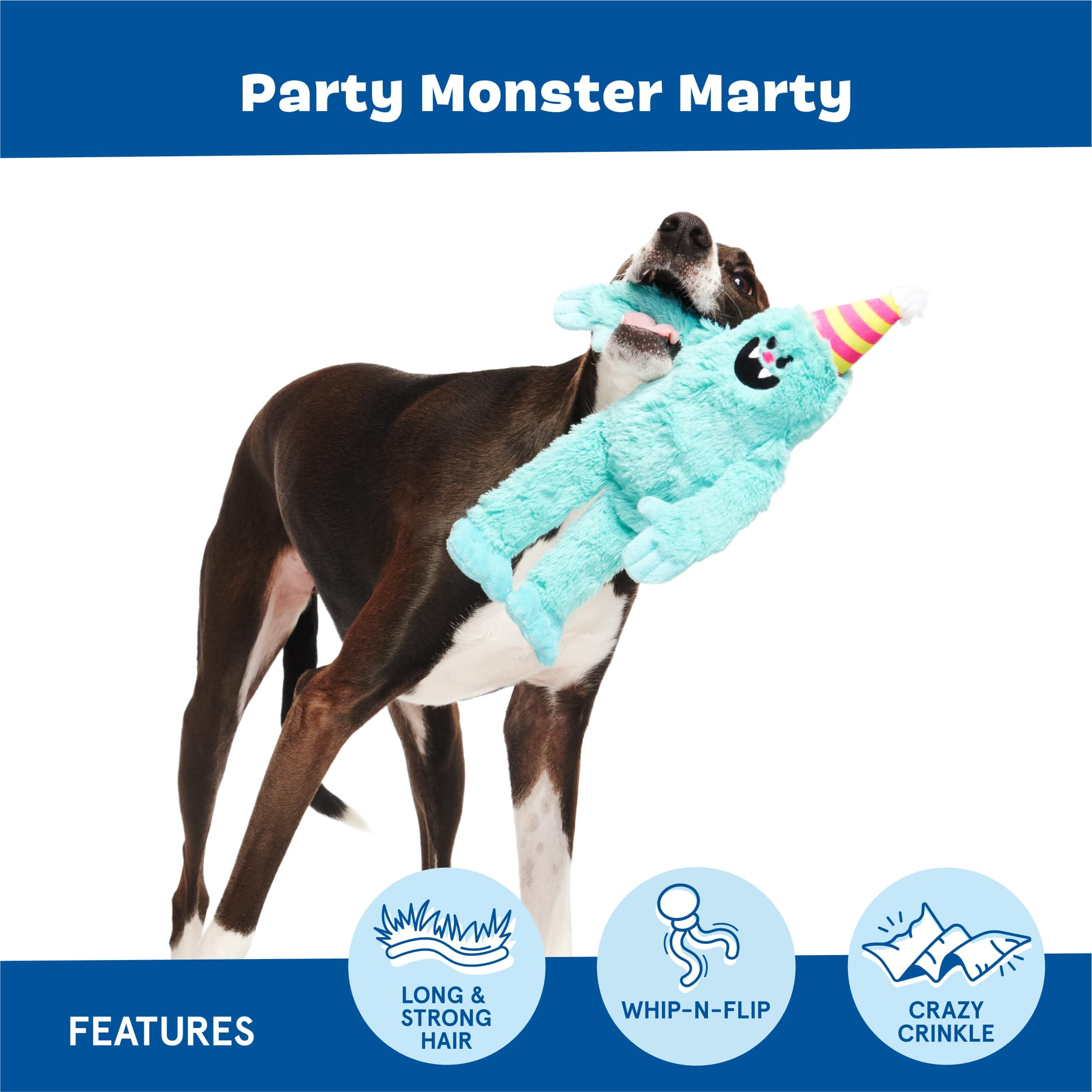 BARK Party Monster Marty Birthday Party Monster Blue Plush Dog Toy Large