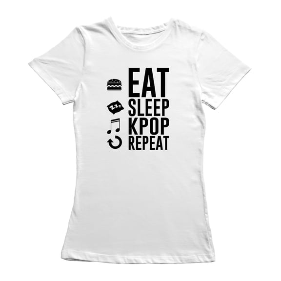 Eat Sleep K Pop Repeat Graphic Women White T-Shirt, Female Small