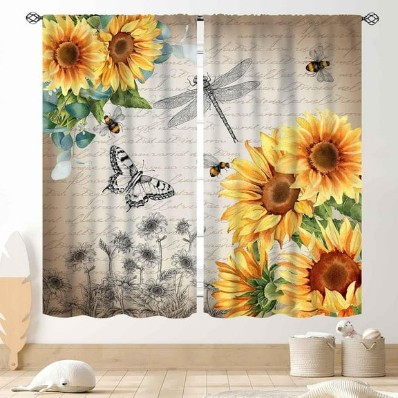 Rustic Sunflower Curtains, Farmhouse Vintage Yellow Floral Dragonfly Country Retro Style Window Drape Treatments for Kitchen Bedroom Living Room 2 Panels, 52"x84" Inch