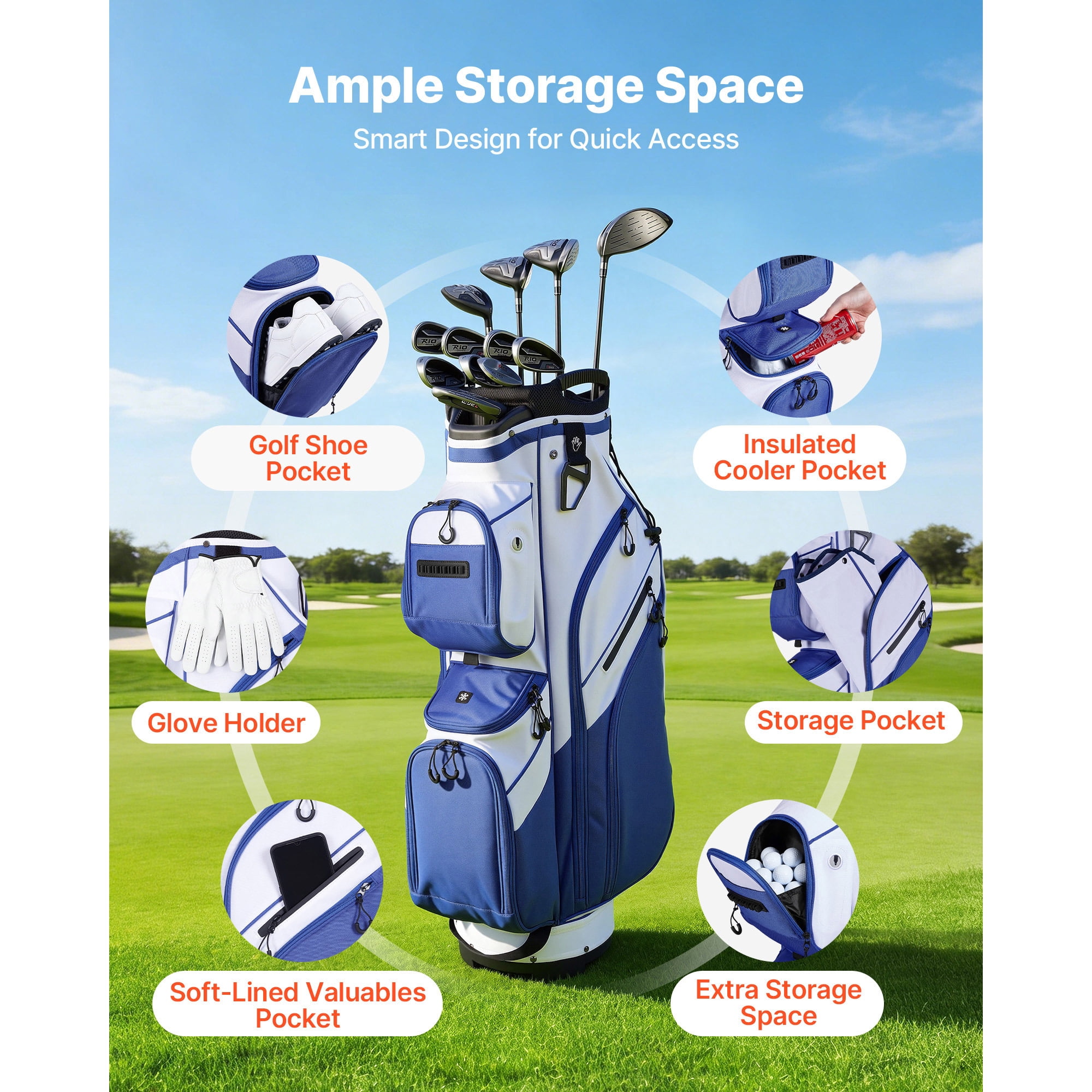 KFFKFF Golf Cart Bag with 15-Way Divider, Full-Length Club Organizer, Multiple Storage Pockets, Comfortable Shoulder Strap, Protective Rain Cover, Durable Zippers, Lightweight Polyester