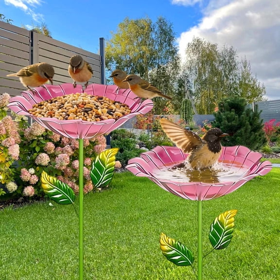 sruoe Flower Shaped Standing Bird Feeder, Iron Metal Bird Feeder with Stake, Ground feeders, Freestanding Outdoor Garden Yard Decor, Rustproof Weather Resistant Tray for Wild Birds
