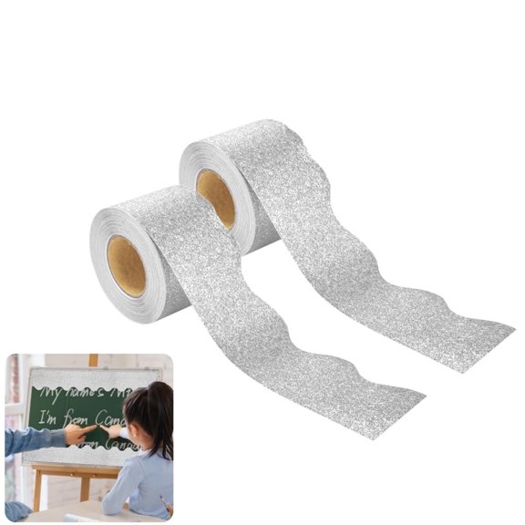 32.8Ft Sliver Glitter Bulletin Board Border,Set of 2 Office Board Trim Strips for Home,QZS Portabel Bulletin Decoration for School,Classroom