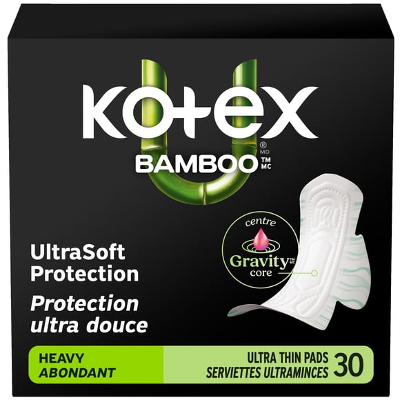 Kotex Bamboo Ultra Thin Pads with Wings, Heavy Absorbency, 30 Count