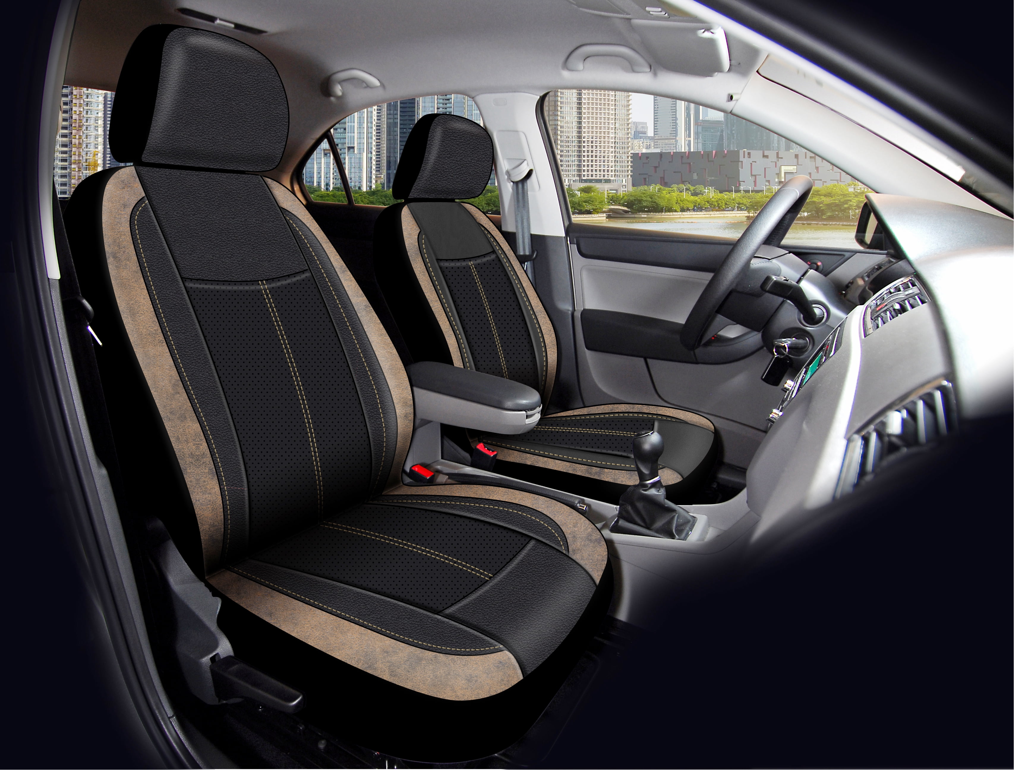 For Skoda Grey Black Soft Fabric Front & Rear Car Seat Covers Full Set 9 Pcs 
