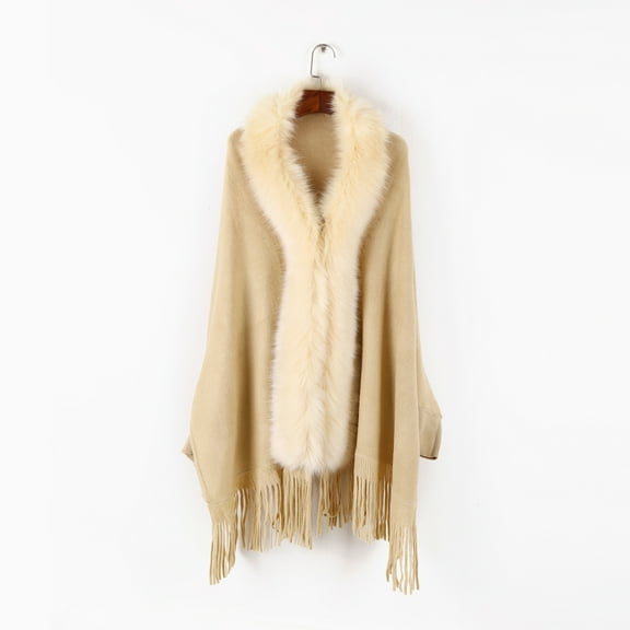 Nvzi-c Women Faux Fur Collar Shawl Wraps Fringed Cardigan Cloak Coat Knitted Winter Warm Tassels Sweater Capes，Beige