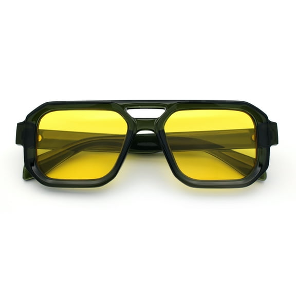 Gentlemans Hipster Bevel Rectangle Racer Plastic Fashion Sunglasses Green - Yellow