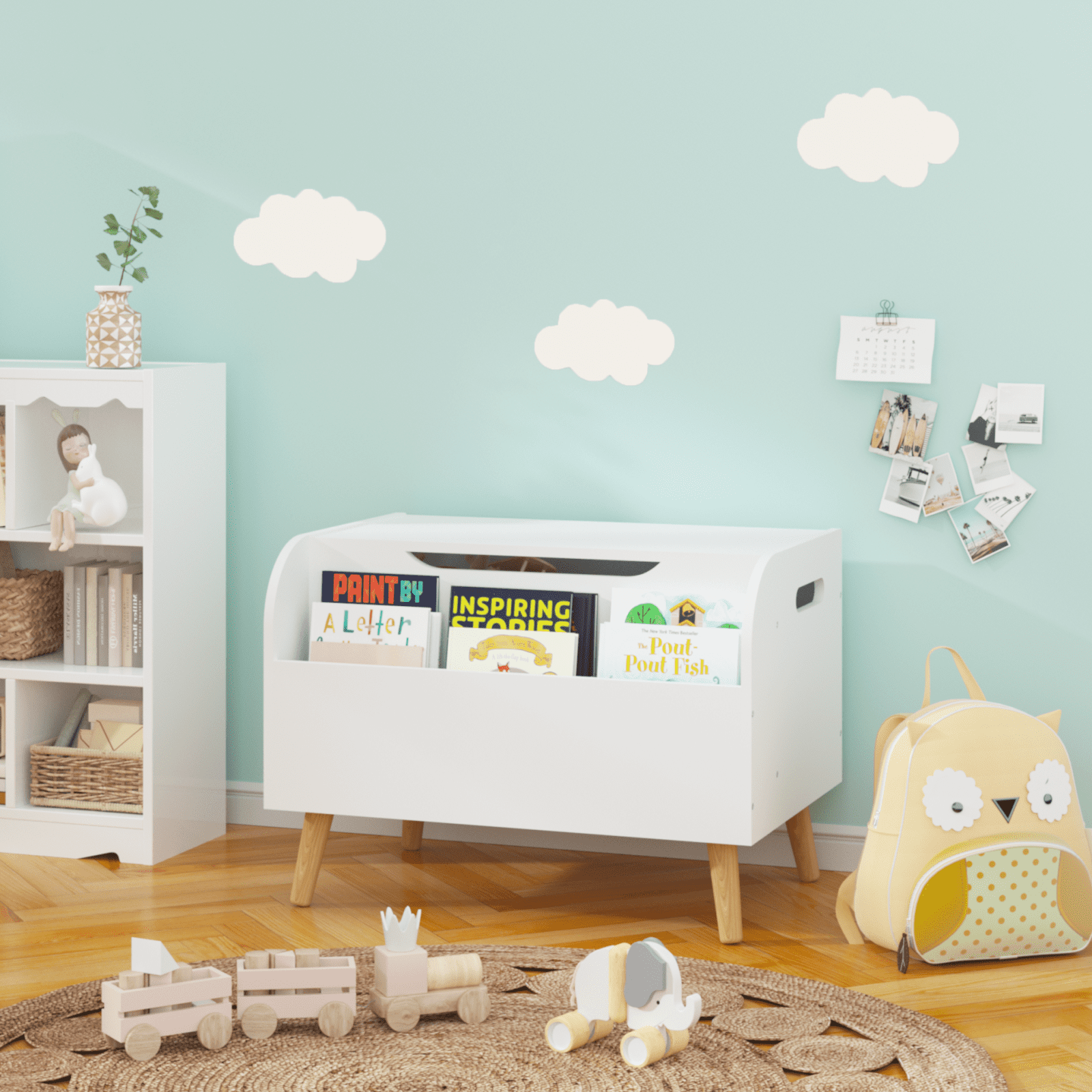 Wooden Toy Box with 4 Wood Legs, Kids Toy Storage Organizer with Front Bookshelf, Flip-Top Lid & Safety Hinge, Toy Chest Storage Bench for Playroom Bedroom Nursery