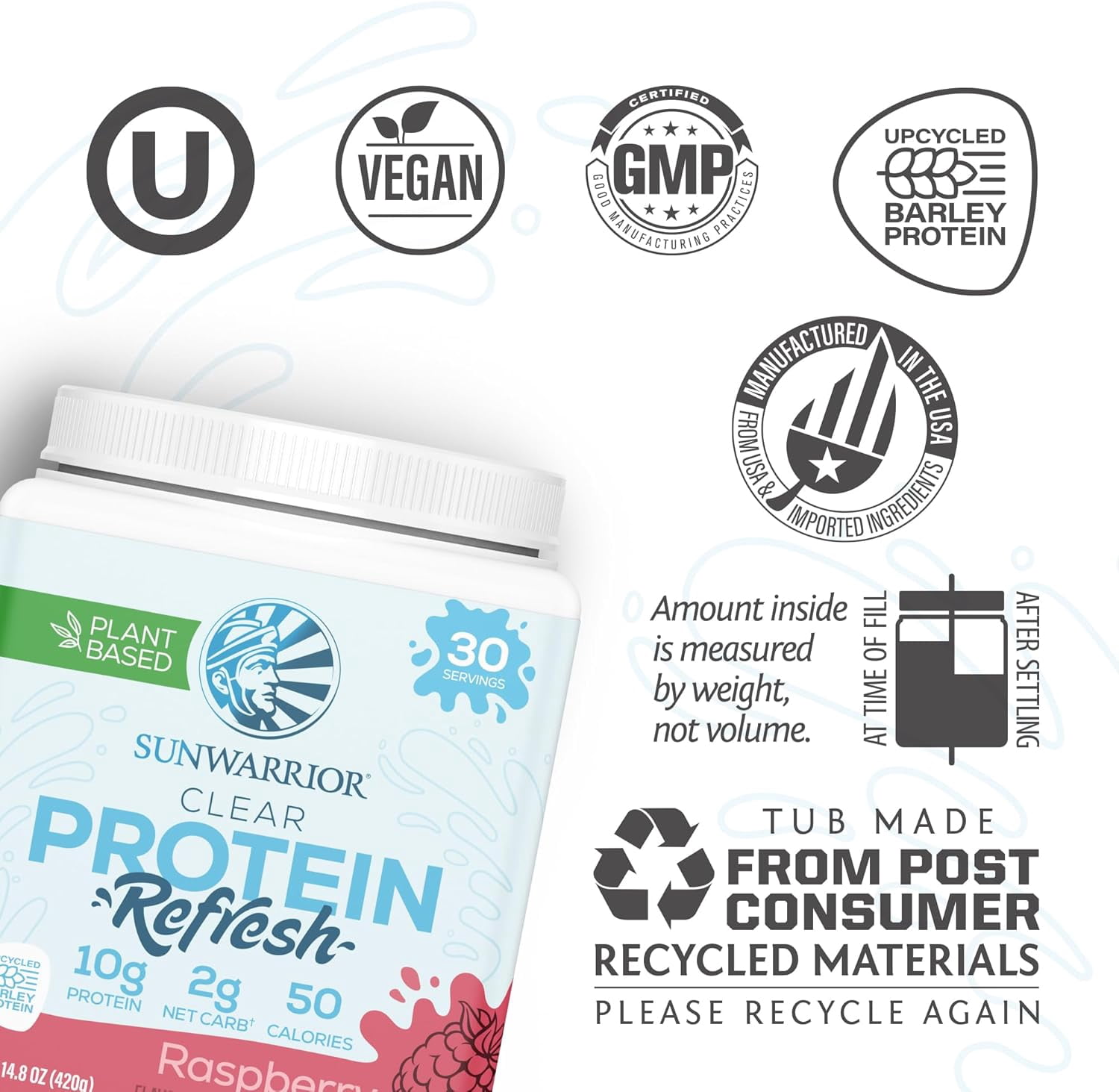 Sunwarrior Vegan Hydration Clear Protein Powder Water Mix, Raspberry, 14.8 oz
