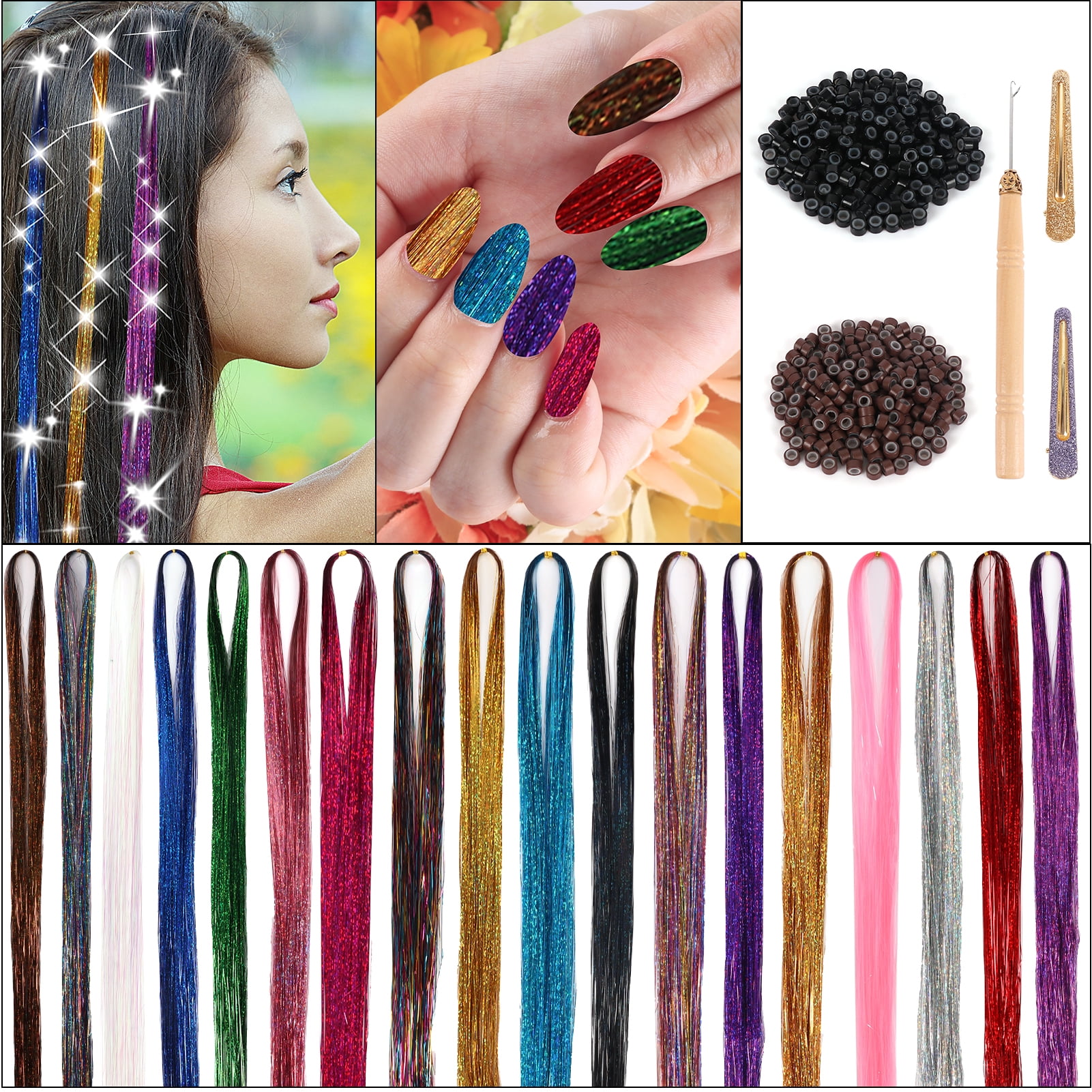 West Bay Hair Tinsel Kit with Tools 18 Colors 3600 Strands Glitter Hair  Extensions Sparkling Shiny Hair Tinsel Strands Kit for Christmas New Year  Halloween Cosplay Party (42 Inch) 