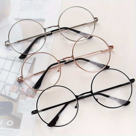 3pcs Retro Round Frame Metal Glasses for Men & Women - Anti-Blue Light, Lightweight Korean Fashion Flat Lens, Stylish Unisex Eyewear for Daily Use & Work