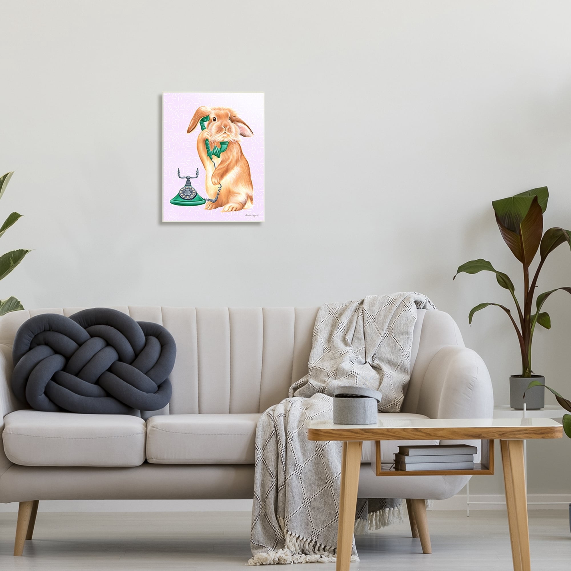Stupell Industries Fluffy Bunny Rabbit Talking Green Rotary Phone Graphic Art Unframed Art Print Wall Art, Design by Amelie Legault