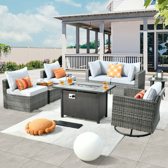 XIZZI 8 Pieces Outdoor Furniture Sectional Sofa Patio Set with Swivel Rocking Chair and Fire Pit Table,Grey