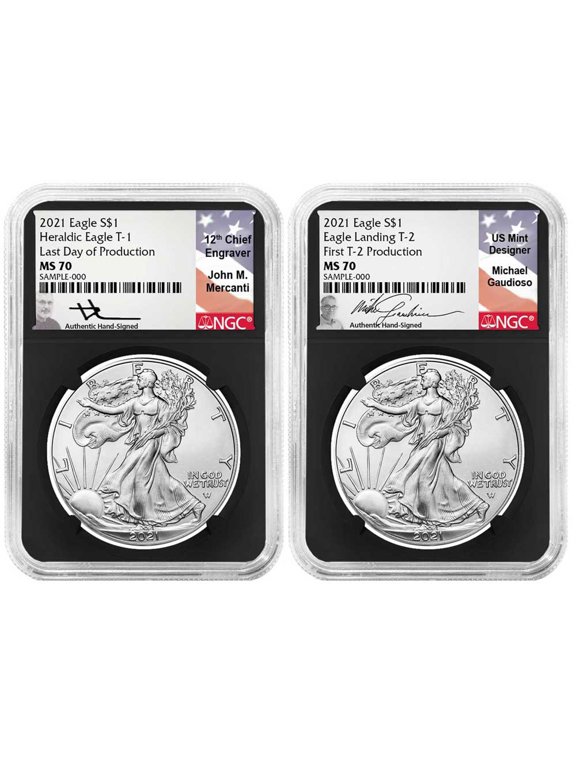 2021 $1 T1 and T2 American Silver Eagle Set Last Day & First Day Production NGC MS70 Black Core Gaudioso/Mercanti Signed Labels