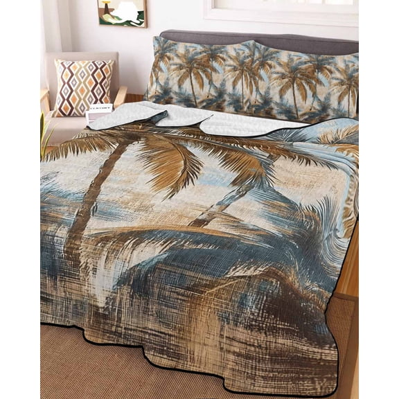 Navy Blue Brown Palm Tree Twin XL Size Down Alternative Comforter, Lightweight Comforter Quilt Bedding Set with Pillow Shams Tropical Leaves Vintage All Seasons Bed Comforter Duvet Insert 68"x98"
