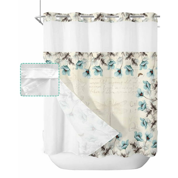 No Hook Shower Curtain with Snap in Liner, Vintage Flowers Teal Tuilps Butterfly Letters Print Hotel Shower Curtains for Bathroom, Washable Shower Curtain Liner Set with Mesh Top Window, 72”x78”