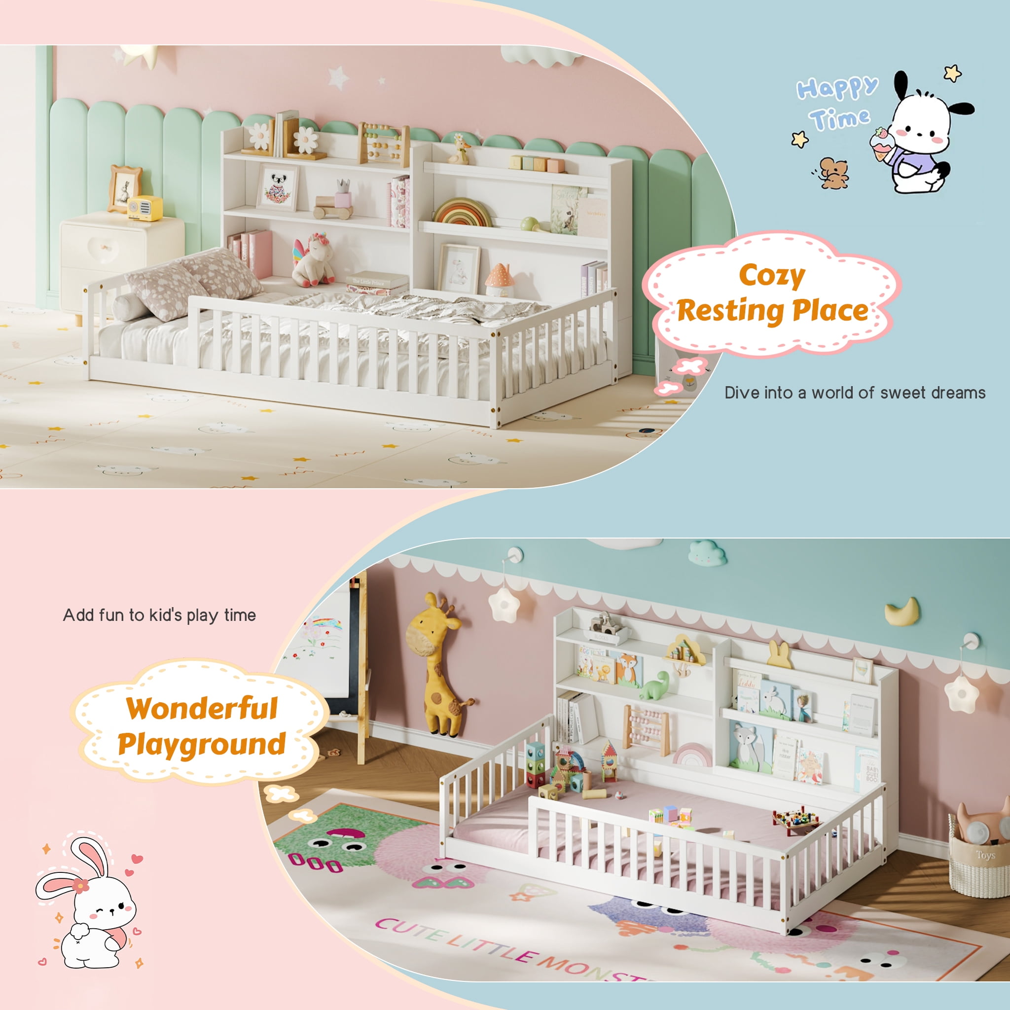 Garitin Twin Floor Bed and Montessori Kids Bed 77.2 Inch, Solid Pine Wood Frame with Bookshelf and Safety Rails for Children Bedroom, White