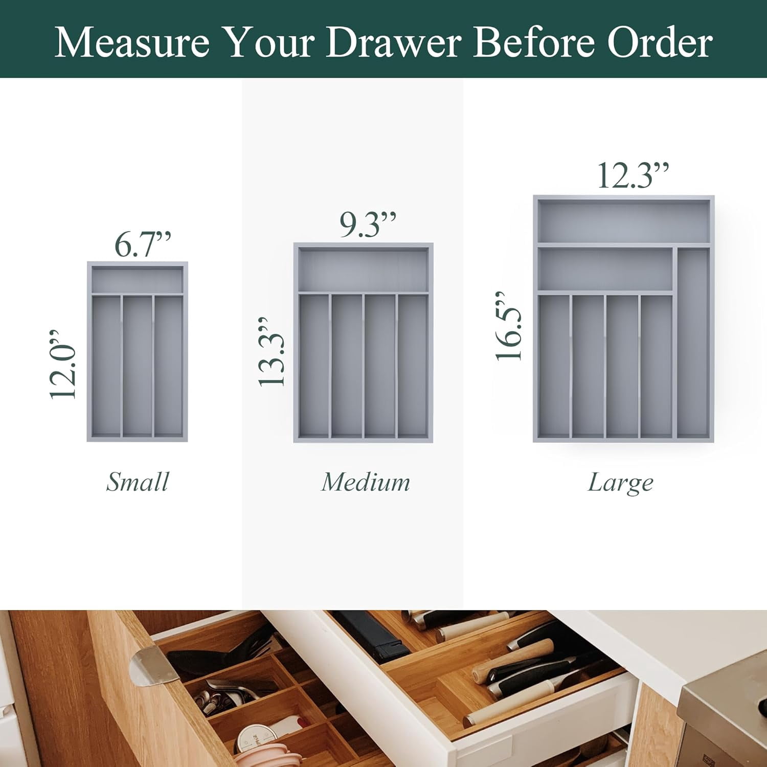 UniVerse Bamboo Silverware Organizer, Kitchen Drawer Organizer, Utensil Holder, Cutlery Tray & Spoon Flatware Storage with Grooved Drawer Dividers (7 Slots, Grey)