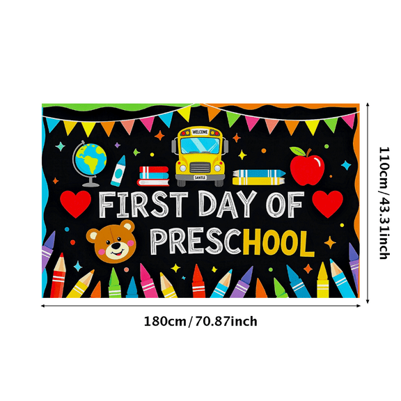 Colorful Preschool Themed Backdrop Banner with School Bus Globe Apple and Crayons Elements First Day of Preschool Party Decorations Photography Props Classroom Decor Background