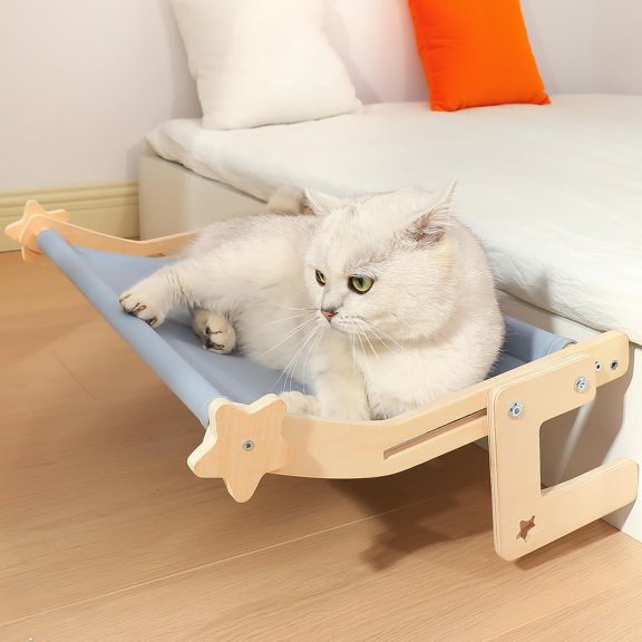 Bedside Hammock&Window Perch Adjustable Cat Bed with Sturdy Wood Frame No Drilling Easy Install Pet Hammock for Windowsill and Bedside Washable Cushion Cover Premium Cat Furniture for Indoor